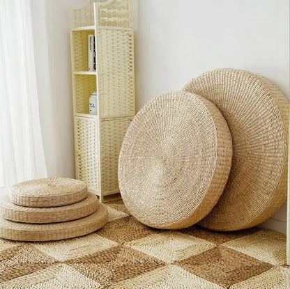 Handmade Woven Natural Straw Round Pouf Tatami