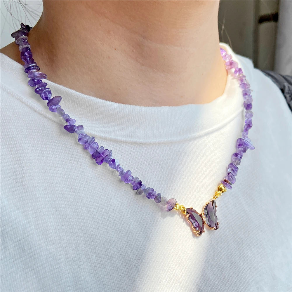 Butterfly Crystal Necklace Natural Purple