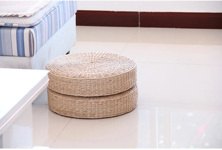 Handmade Woven Natural Straw Round Pouf Tatami