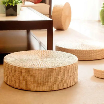 Handmade Woven Natural Straw Round Pouf Tatami