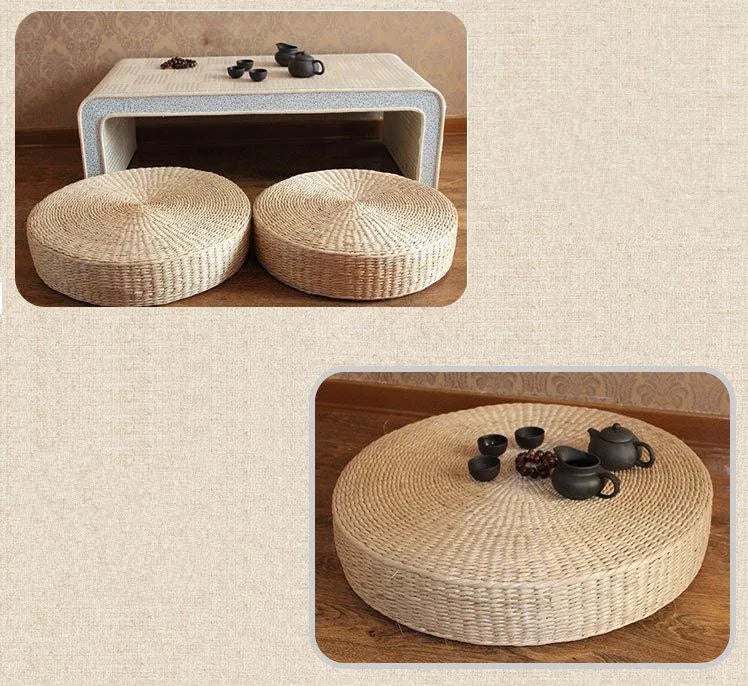 Handmade Woven Natural Straw Round Pouf Tatami