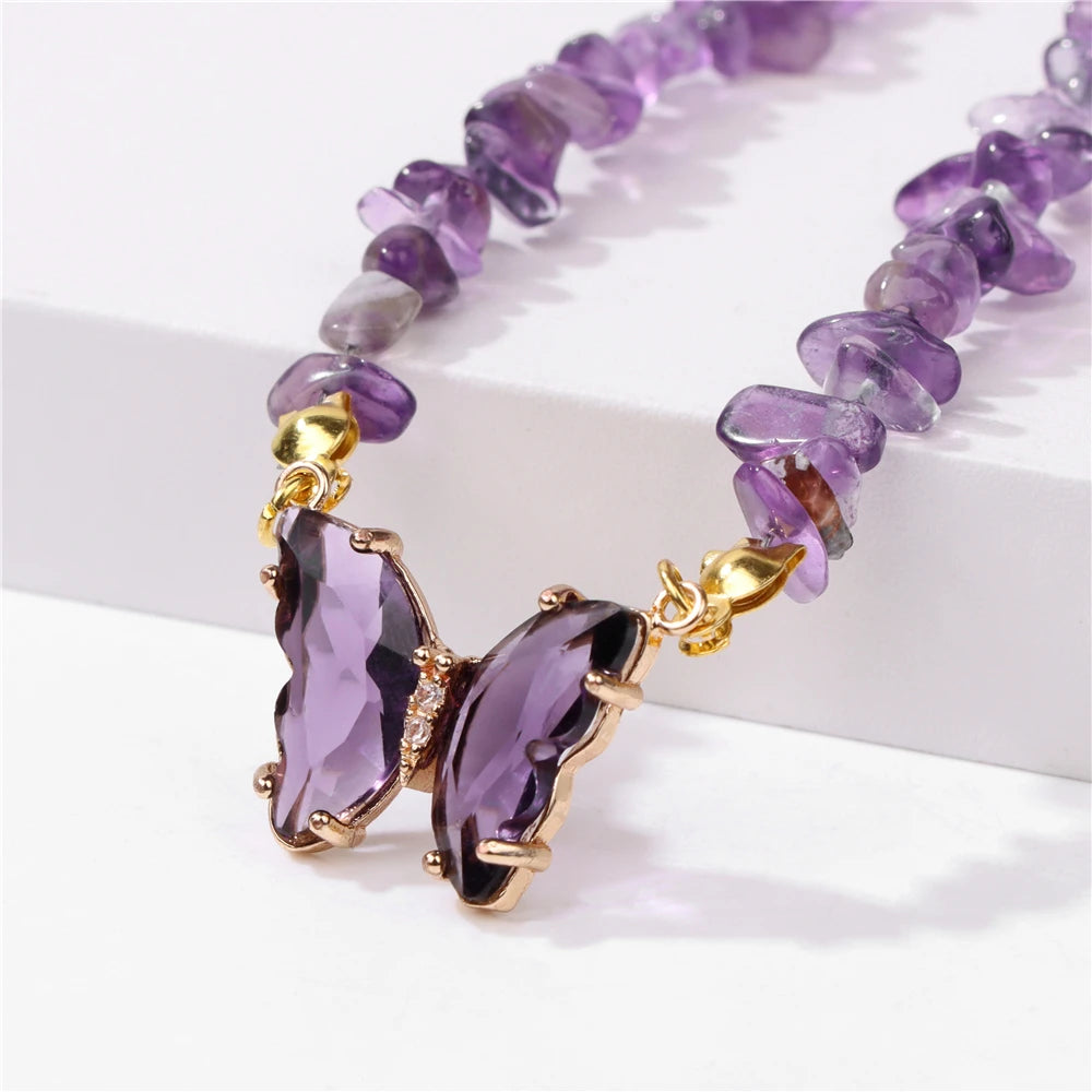 Butterfly Crystal Necklace Natural Purple