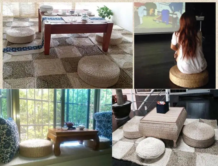 Handmade Woven Natural Straw Round Pouf Tatami